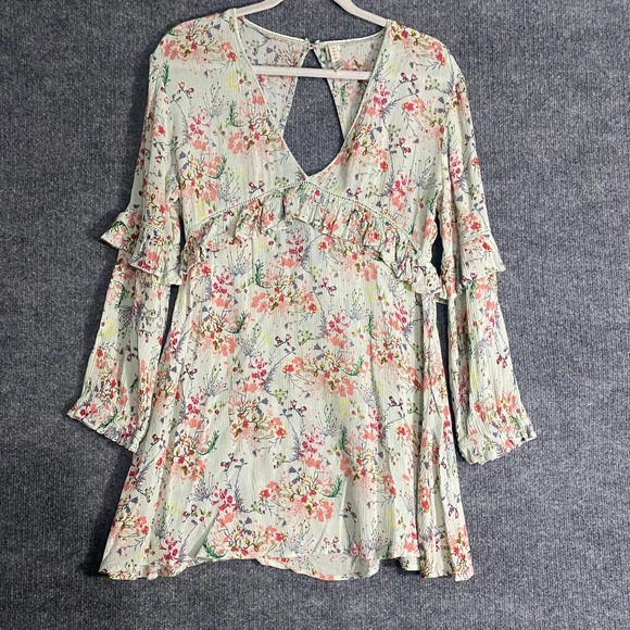 Raga Mini Dress Medium Green Pink Floral Print Secret Escape Long Sleeve - Picture 3 of 12